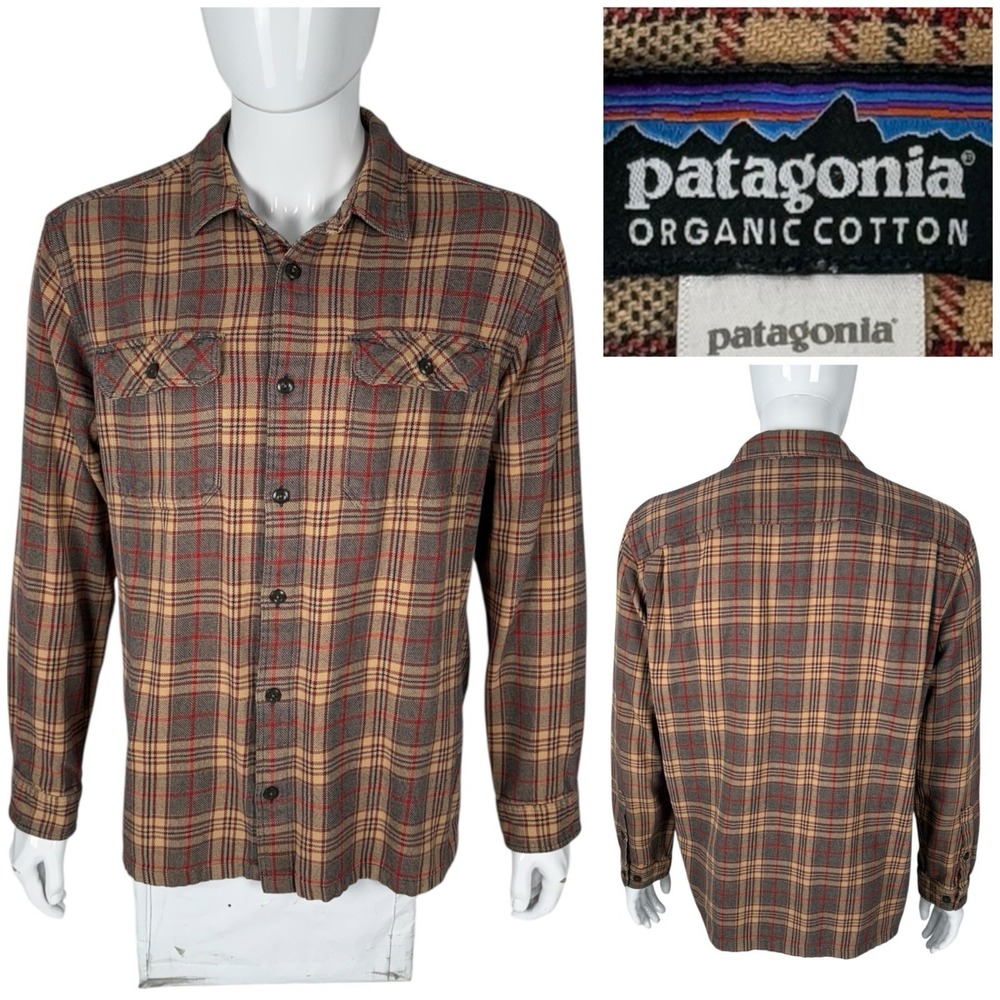 Patagonia Fjord Flannel Mens Large Shirt Plaid Cotton 53947 Cream Brown Red EUC